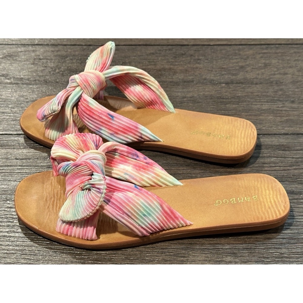 Bamboo womens pink watercolor‎ bow slip on sandals sz 7.5 GUC